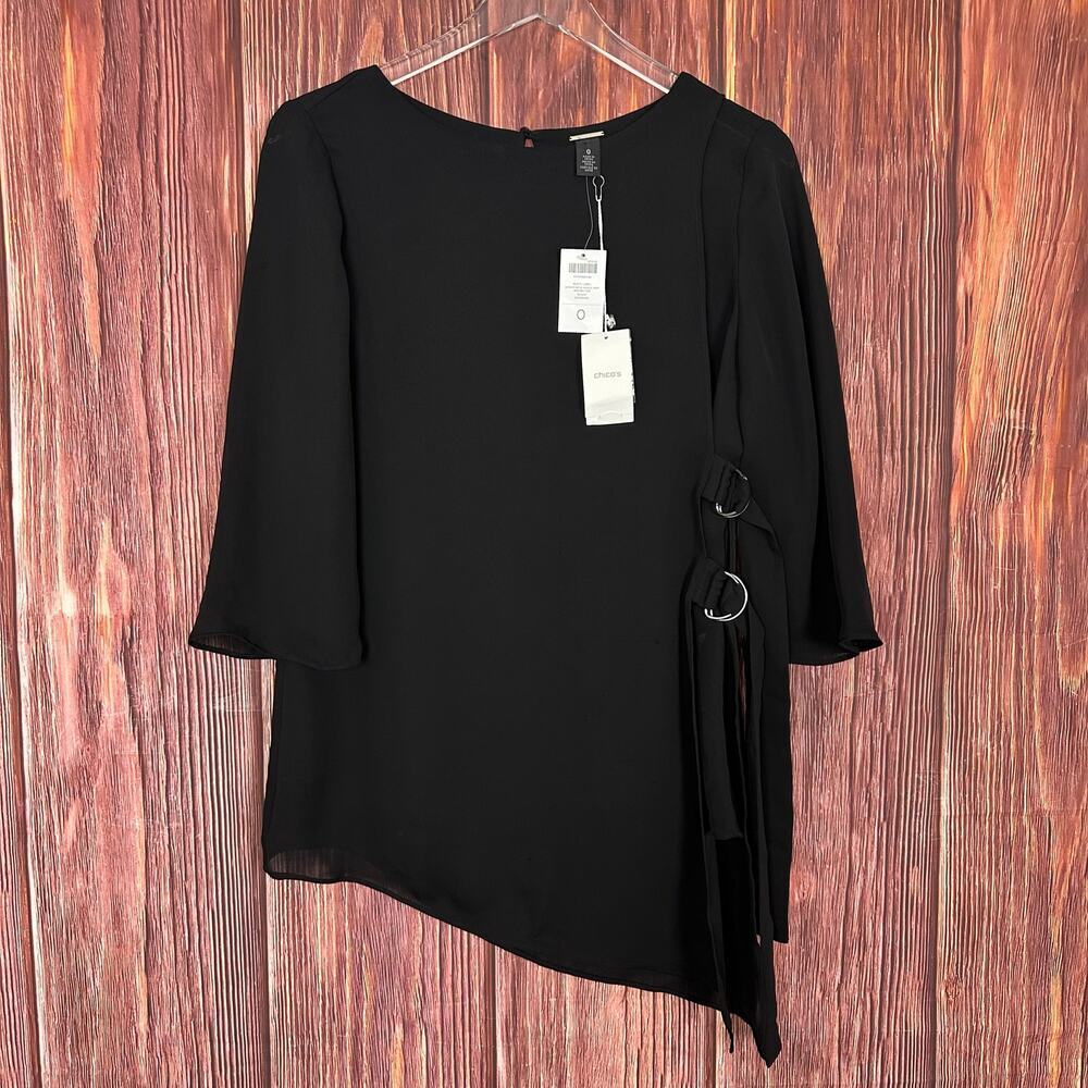 Chicos Black Label Scoop‎ Neck Angel Hem Woven Top Black NWT Size 0 / Small